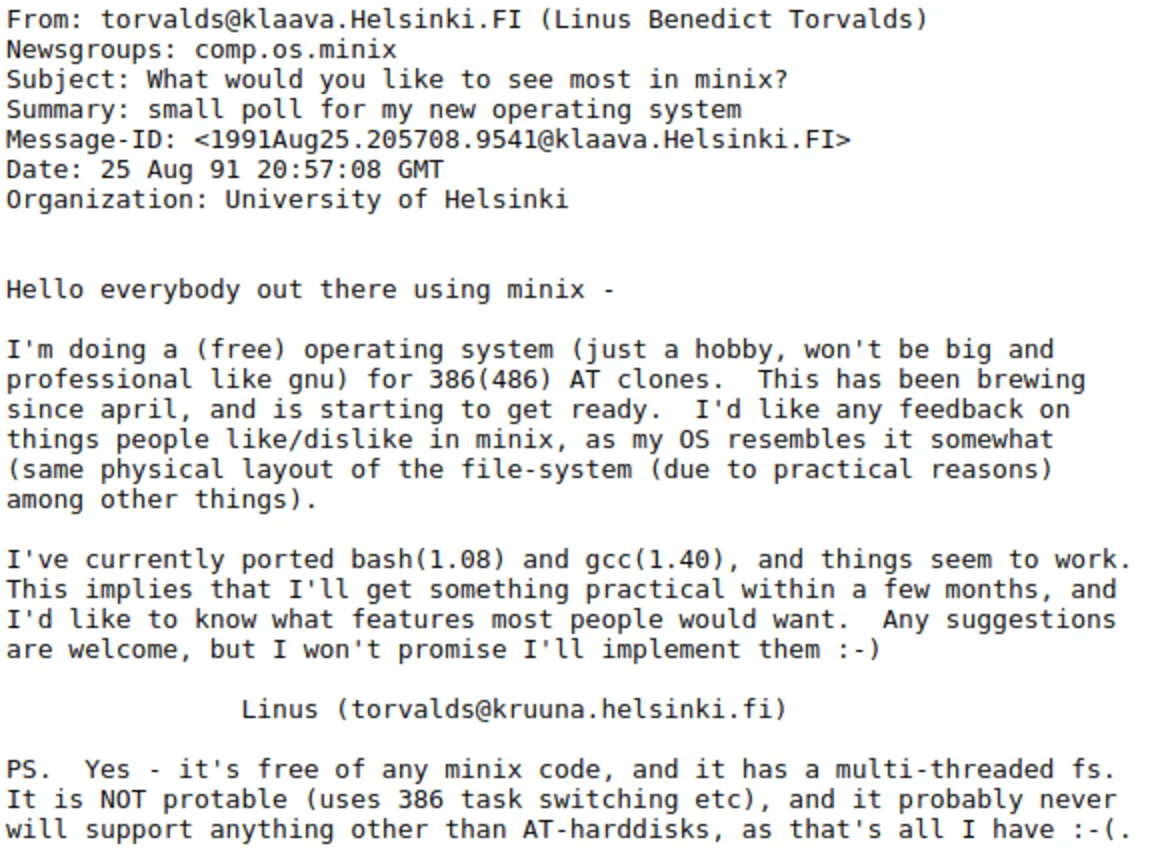 Mensagem de Linus Torvalds sobre o projeto Linux